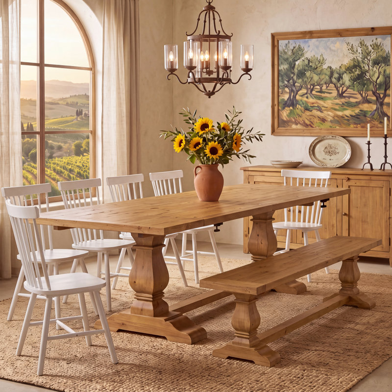 Ensemble de table de salle à manger en bois massif récupéré, 8 pièces: table, 6 chaises, banc, Noyer, Blanc