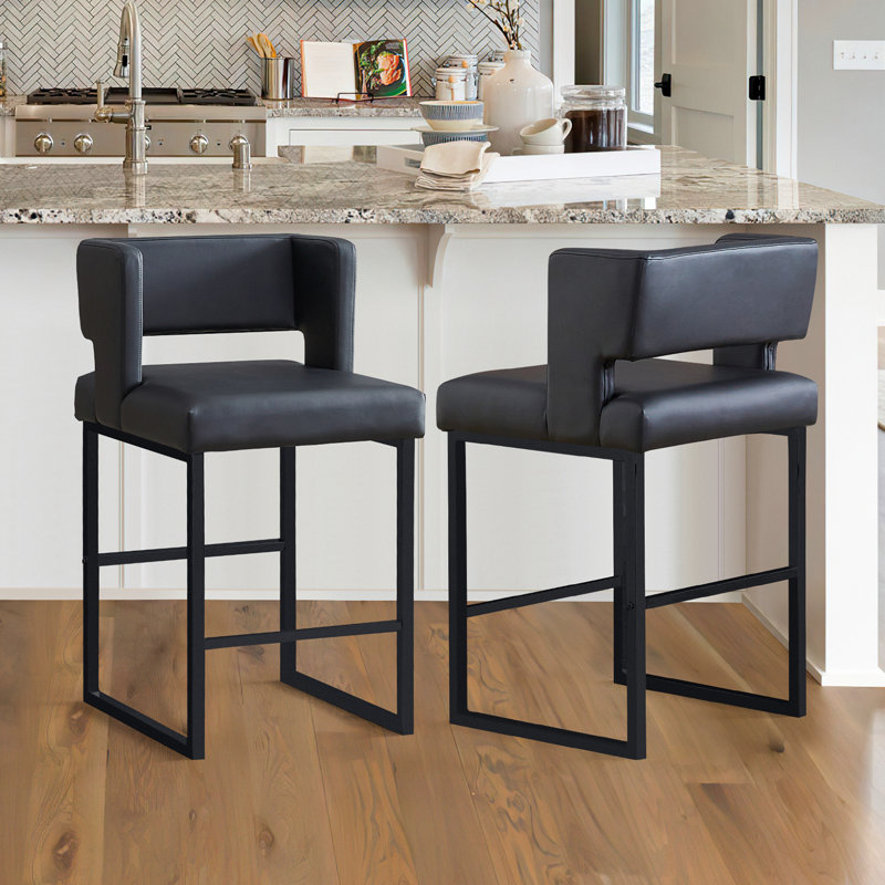 Faux Leather Upholstered Counter Bar Stool (Set of 2), Black, Black