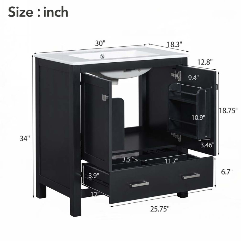 Ensemble de meuble-lavabo avec lavabo en céramique, tablette de rangement et tiroirs divisés, Noir, Argent