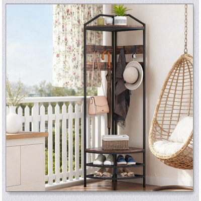 Industrial 4-Tier Corner Hall Tree with 8 Movable Hooks and Shoe Storage, Perfect for Organizing and Maximizing Entryway Space
