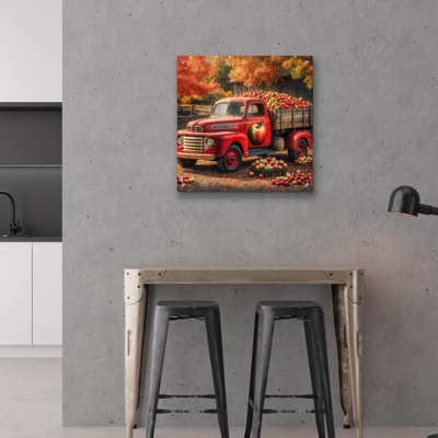  «Vintage Red Truck At Orchard 1» par Rey Klimt, art mural en verre acrylique, 24 po x 24 po
