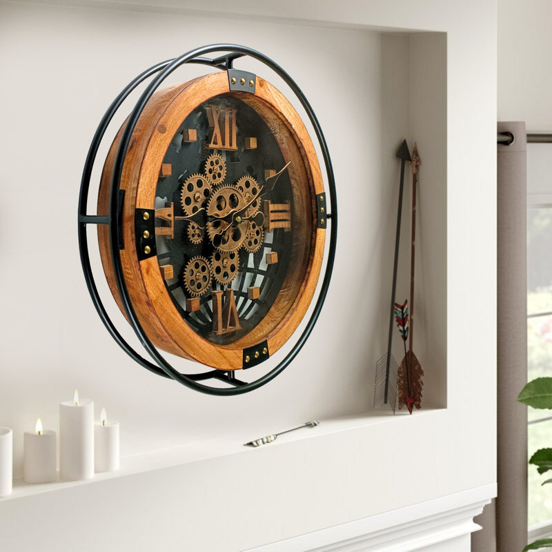 THE GEARS CLOCK Wall Clock with Real Moving Gears PO-LI_ 18 in Round WOOD-BLACK
