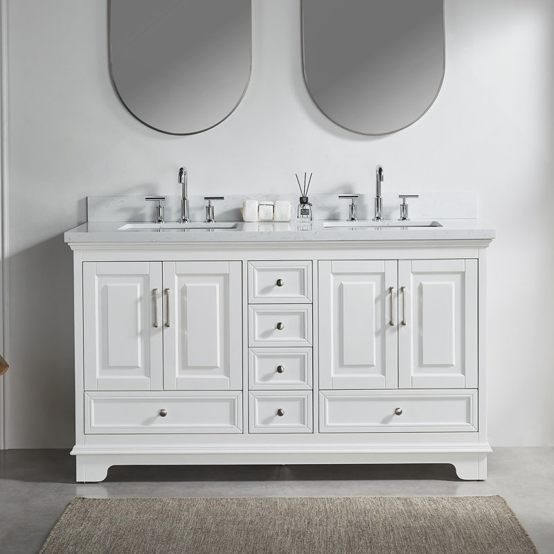 Meuble-lavabo double autoportant de 60 po avec pierre artificielle entièrement assemblé, Blanc