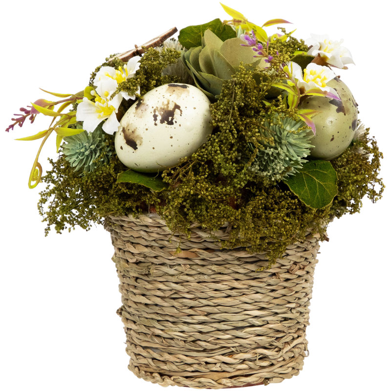 Arrangement artificiel en bois à motif floral et œuf de Pâques - 7 po