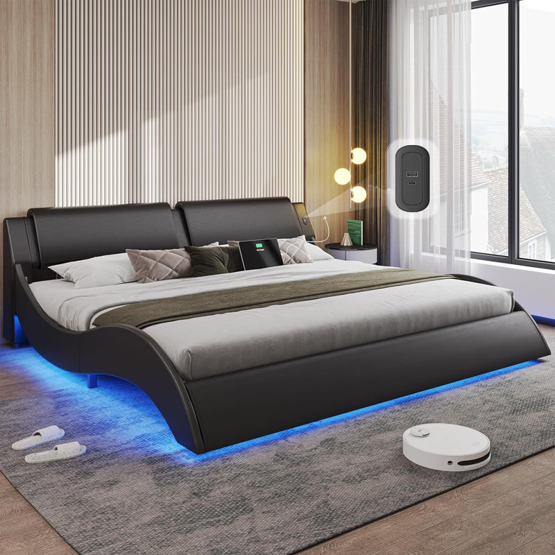 Led Bed Frame With Charging Ports And Headboard Modern Low Profile Platform Bed Frame With Led Lights Wave Like Curve Led Bed Frame,wood Slats Support,easy Assembly,black