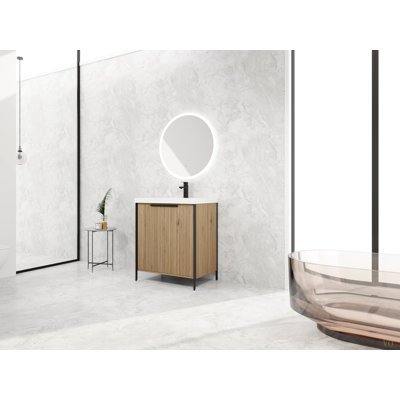 Meuble-lavabo autoportant de 30 po avec lavabo en résine et 2 portes d'armoire à fermeture en douceur (emballage KD)