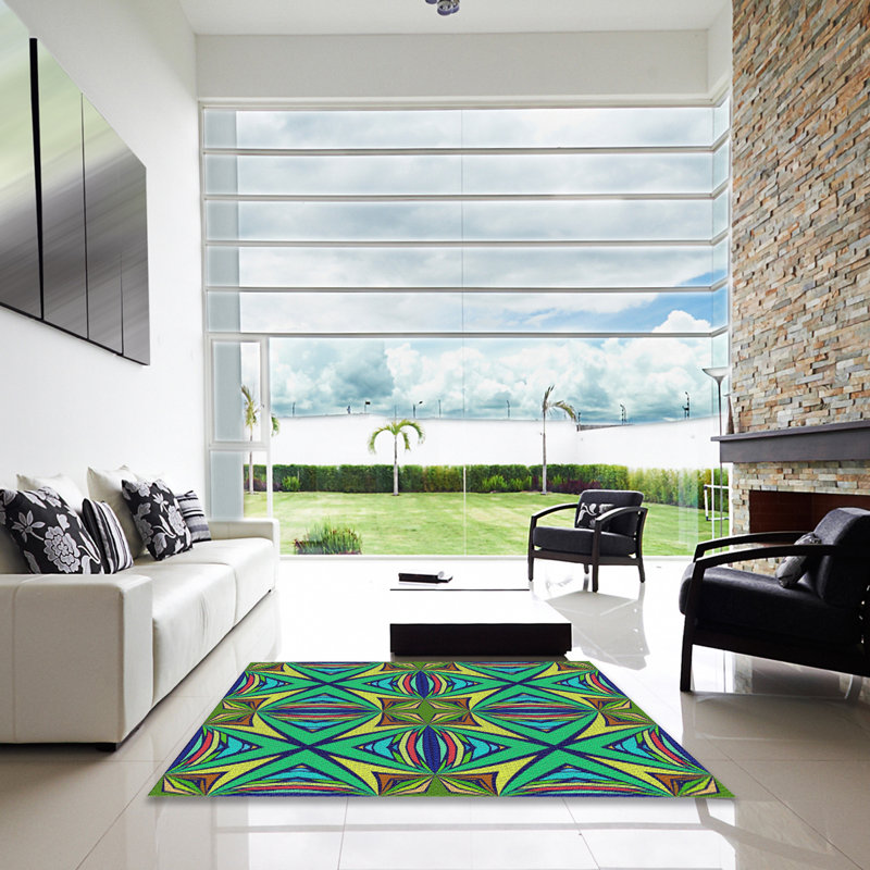 Tapis vert/bleu/jaune tissé à la machine, Carré 8 pi