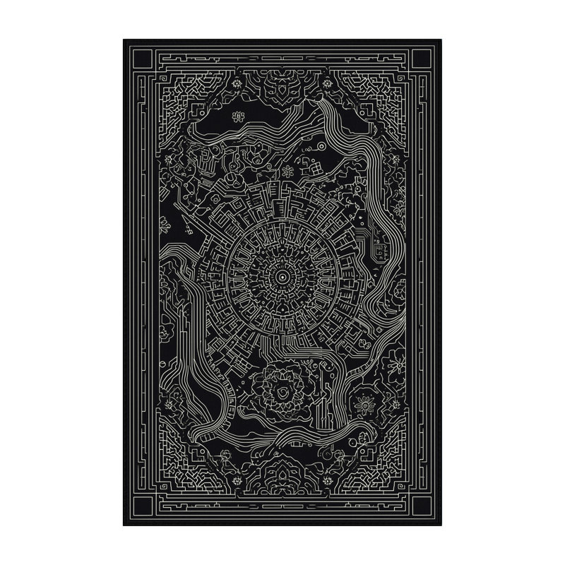 Tapis oriental gris doux et moelleux avec carte de la ville, 7 x 9