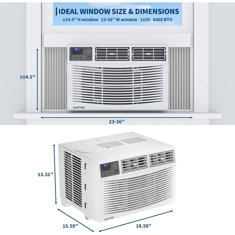 Climatiseur de fenêtre intelligent 8 000 BTU pour les pièces jusqu'à 350 pieds carrés Pi. Compatible avec Alexa, 3 vitesses de refroidissement, déshumidificateur, mode veille, minuterie 24 heures, fonctionnement silencieux, blanc