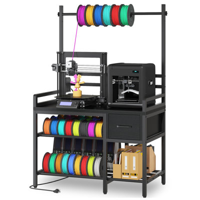 3D printer stand with filament storage, heavy duty metal 3D printer table with power hub, drawer and X-bracket stability for workshop, studio, office