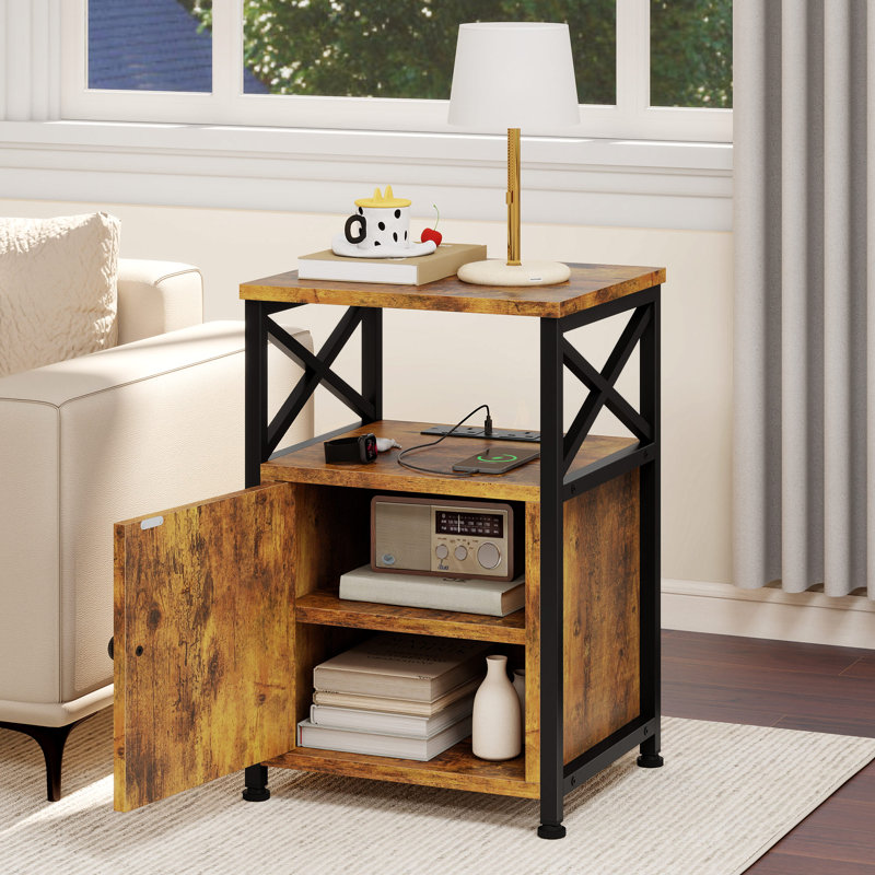 Small Table with Built-In Outlets,Sofa Side Table, Brown Wood