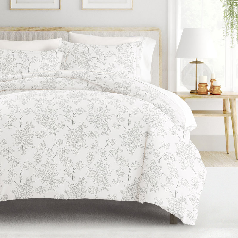 Gray Floral Microfiber Queen Duvet Cover Set with Pillow Shams