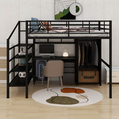 Allys Metal Loft Bed with Table Set and Wardrobe, Full