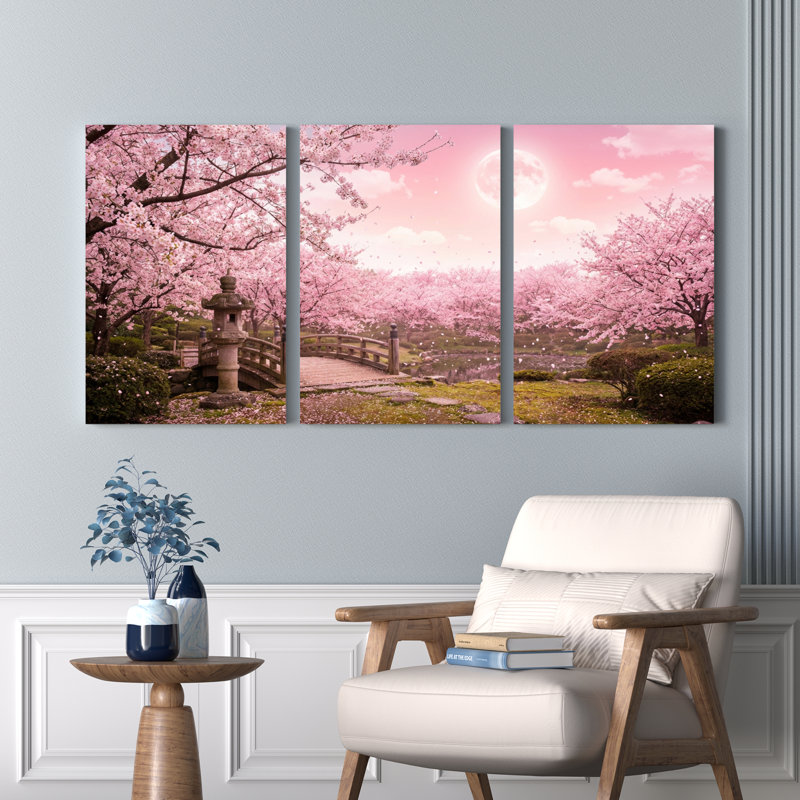 Ensemble de 3 tableaux sur toile représentant un jardin de cerisiers en fleurs, paysage japonais, H 24 po x l 48 po