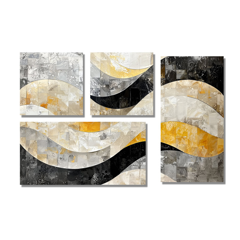 «Black Grey Paint Drift Mosaic Kinetic Art II - Abstract Large Wall Art», 4 pièces, Toile tendue, Ne s’applique pas