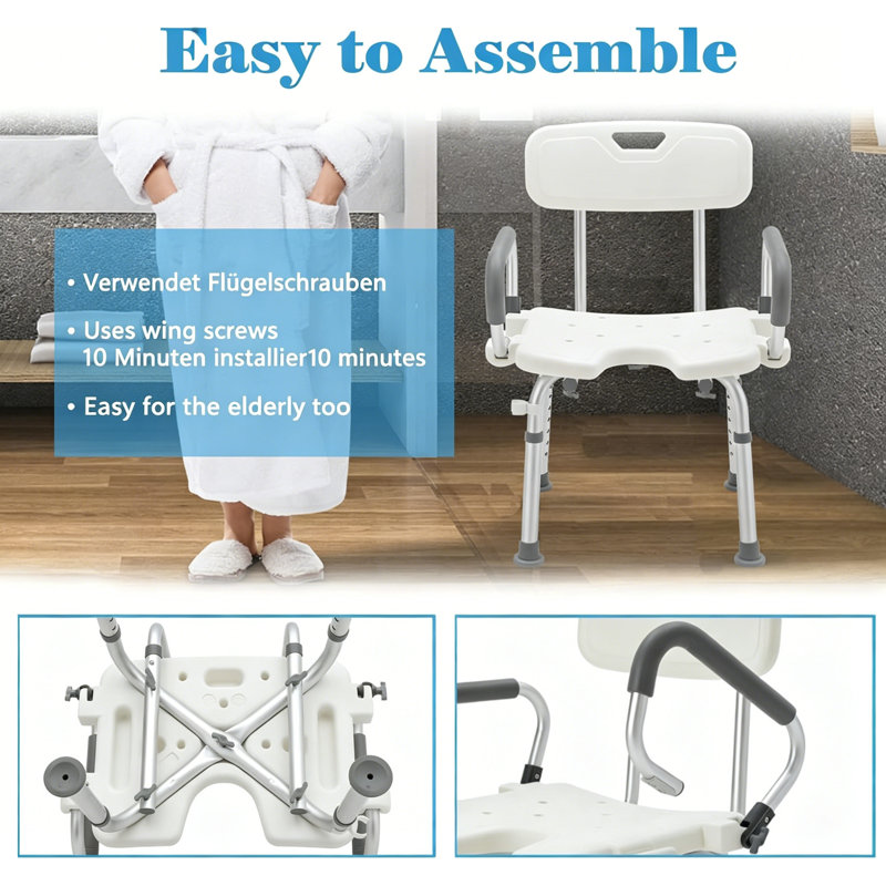 Shower Chair with Backrest & Armrests Shower Stool to Sit on in Shower Bath Seat with EVA Pad Shower Seat Height Adjustable 37.5-50cm for Bathroom Bathtub, 150kg Capacity