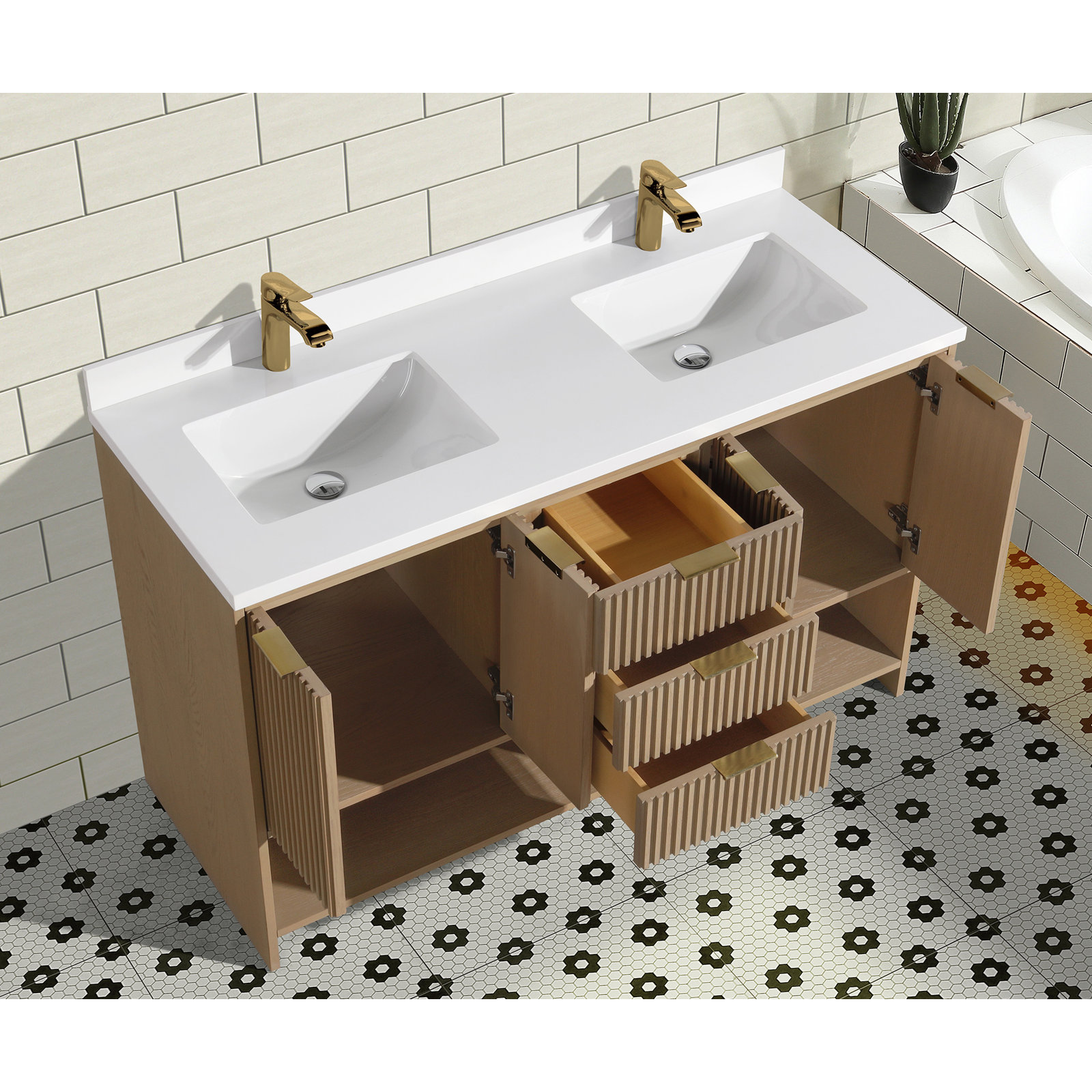 Anelie 55'' Double Bathroom Vanity, Oak