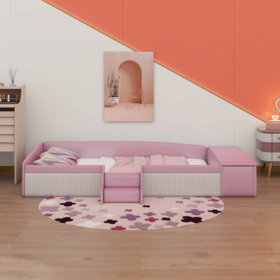 Velvet Upholstered Daybed With Stairs, Floor Bed With Gas Lift Storage Ottoman And Padded Guardrails