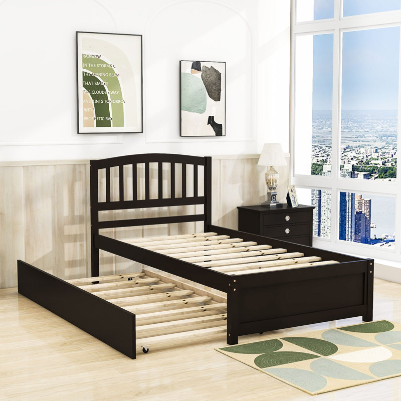 Mashud Twin Size Wood Platform Bed Frame with Trundle, Espresso