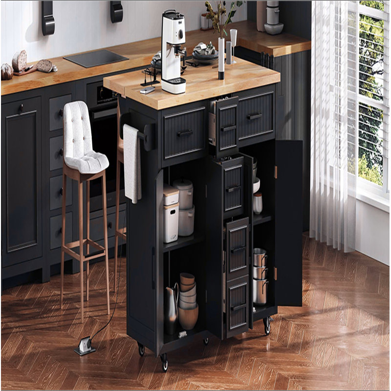 56.5'' Kitchen Island with Drop Leaf, Power Outlet, Embossed Vertical Stripe Rolling Kitchen Cart on Wheels with 4 Doors , 5 Deep Drawers and Adjustable Shelves, for Kitchen, Dining Room