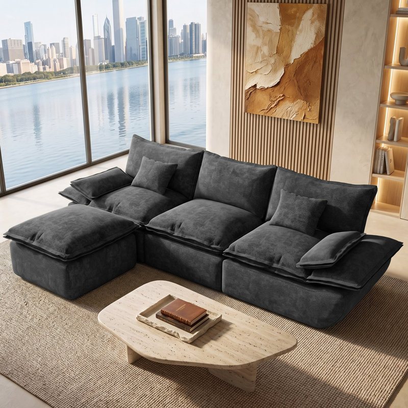 Canapé d'angle modulaire compressé de 279,5 cm de large, sans os, avec pouf et assise profonde, idéal pour le salon et l'appartement.