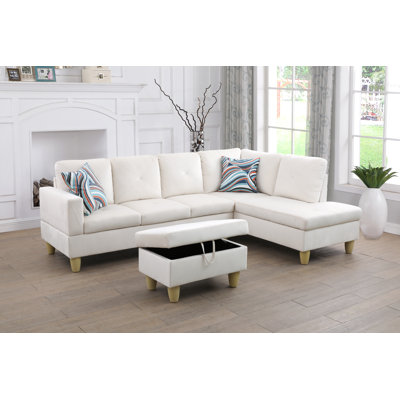 Ensemble de canapé de salon en flanelle en L blanc avec repose-pieds 