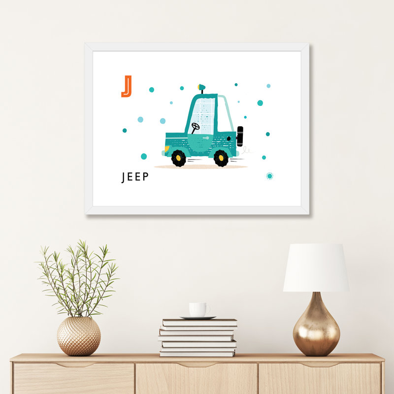 J Is for Jeep - impression d'art graphique, H 24 po x l 32 po x P 1 po, Papier encadré blanc, Blanc