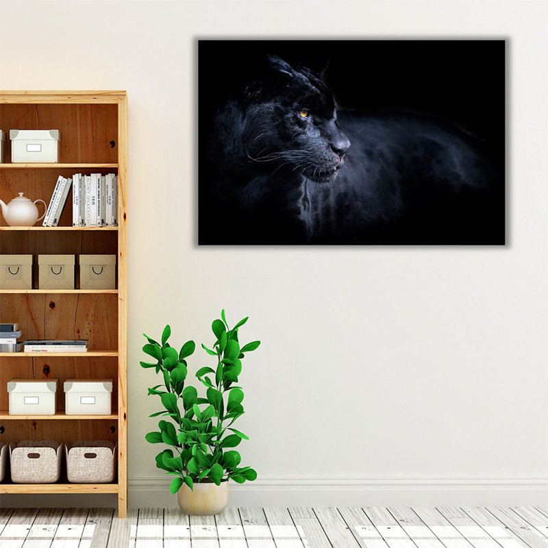 Panthère noire sur fond noir - reproduction d'art sur toile, H 32 po x l 48 po