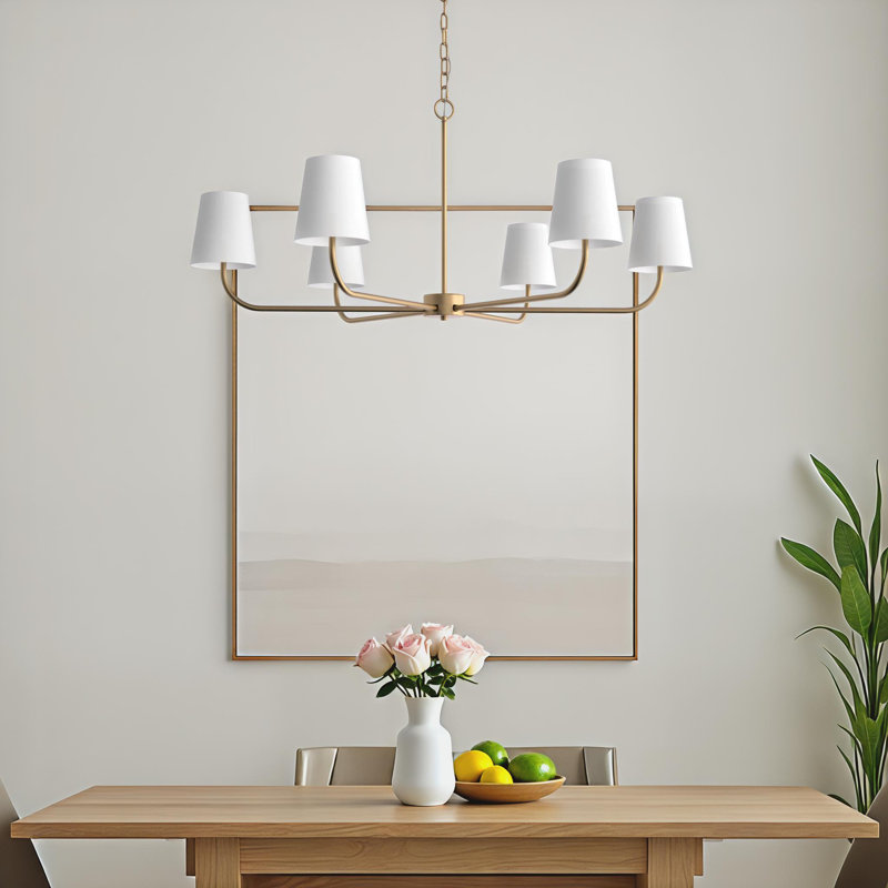 6 - Light Steel Dimmable Chandelier, Aged Brass