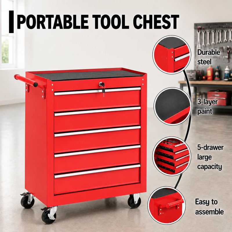 Coffre à outils roulant avec roulettes, armoire de rangement à 5 tiroirs, cadre en acier robuste, verrouillage central, plateau rembourré en EVA, établi mobile
