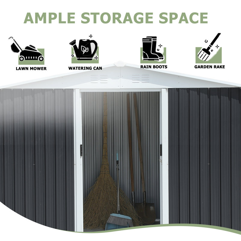 Grey Apex Roof Garden Shed, 10x8/10X12, Aluminum Frame,4 Windows, Lockable Door, Metal Utility Tool House
