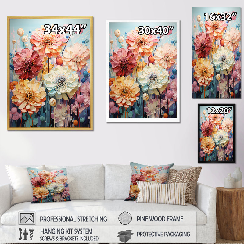 Zinnias Mute Tone Field sur impression sur toile, Cadre doré simple, H 44 po x l 34 po x P 1,5 po