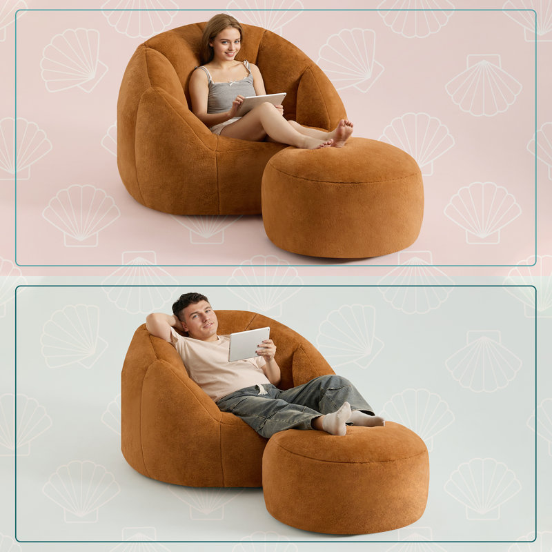 Compression Shaped Oversized Bean Bag Chair with Ottoman, Microfiber Bean Bag Sofa, Orange