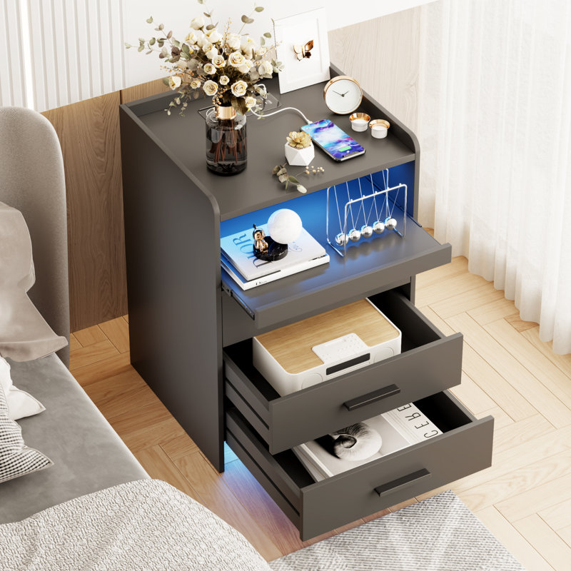 Eaden 3 Drawer Nightstand With Light, Gray