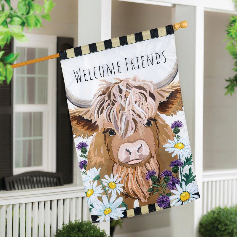 Highland Cow Welcome Friends Applique drapeau de maison