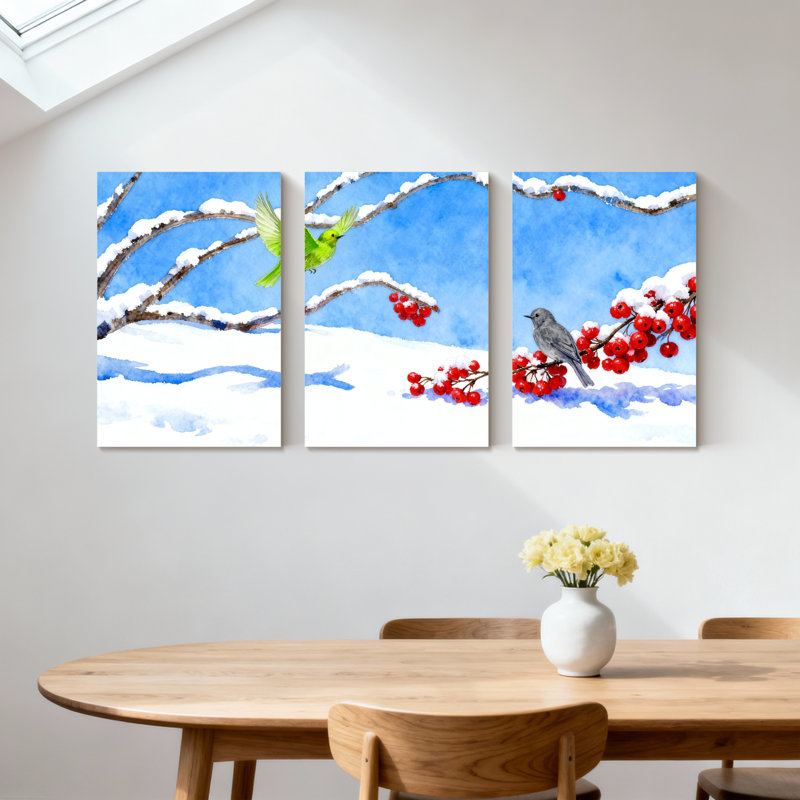 «Birds Winter Birds Snow Berries Branches Sky», ensemble de 3 impressions sur toile, H 24 po x l 48 po