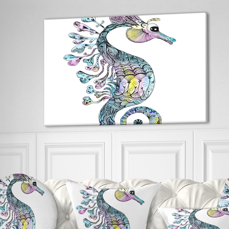 Hippocampe coloré aquarelle - art mural animal, H 16 po x l 32 po x p 1 po, Toile tendue