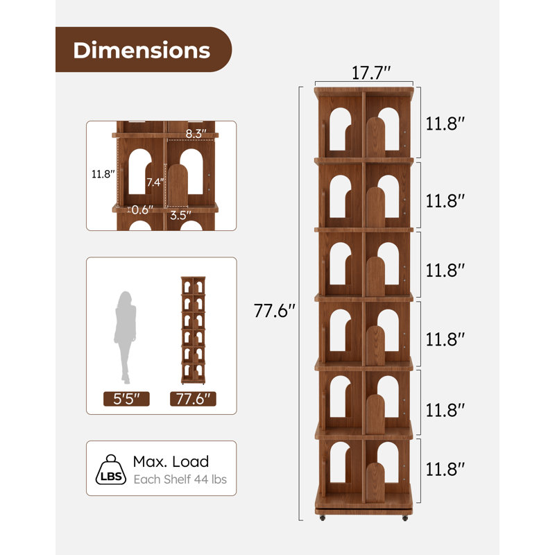 360° rotating square solid wood bookcase, with fixed pulleys, adjustable height, suitable for display and storage., Brown