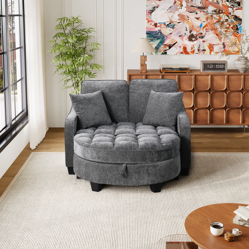 Modern Convertible 2-Seater Sofa Bed With Storage Ottoman, Reclining Backrest, And Side Pocket Armrest, Gray