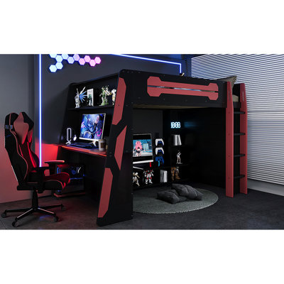 Red Full Size Wood Loft Bed With Integrated Work & Play Desk, And Abundant Storage, 93.3 X 55.6 65 L W H For Gaming Work, , Under - Tv Storage Multi Storage Shelves, 6 + Years Old