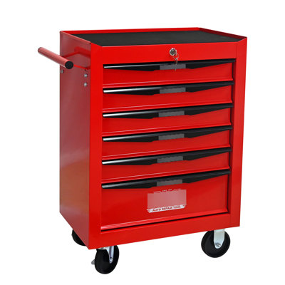 6 - Drawer Tool Chest With 4  2 Brakes , Cold Rolled Steel, Powder Coated, Red & Black, Smooth Countertop Trolley Wheels Steel Construction, Bearing Slides, Key Locking, Black And Blue