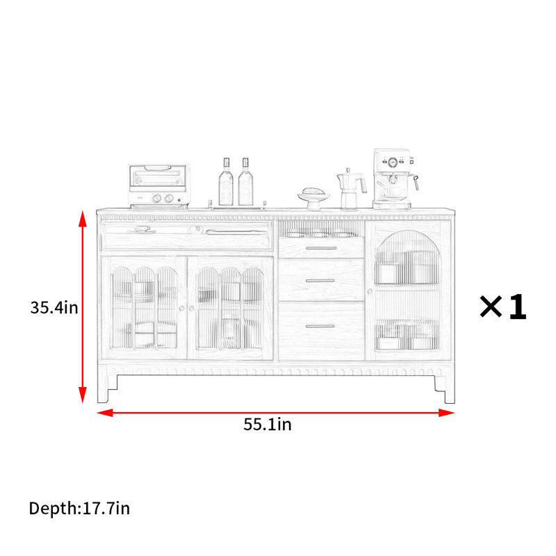 American Retro Style Sideboard, 35.4" H × 55.1" W × 17.7" D