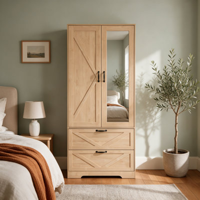 71.7"H Modern Farmhouse 2 Door Wardrobe Closet with 4 Drawers, Mirror, Hanging Rod and Built-in Induction Light for Bedroom, Natural  