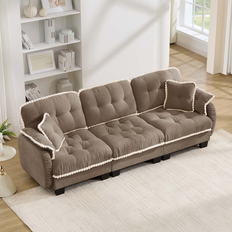 Canapé 3 places Chenille Cloud avec bordure à pompons et coussins assortis, Brown Chenille