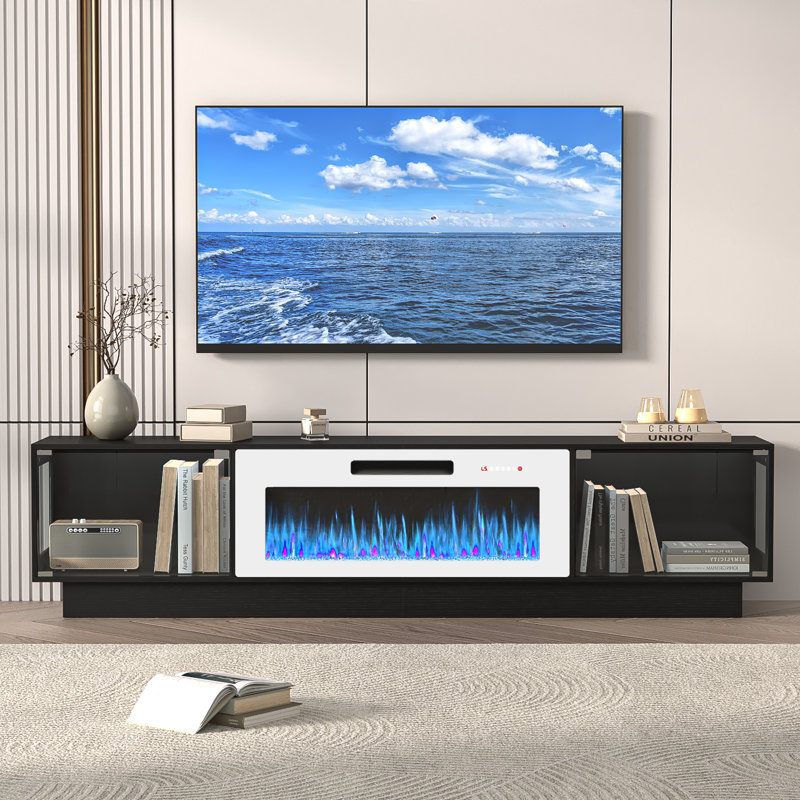 80" Tv Stand With 36" Inch Electric Fireplace Up To 90" Tvs, Led Light Entertainment Center With Two Large-capacity Glass Cabinets