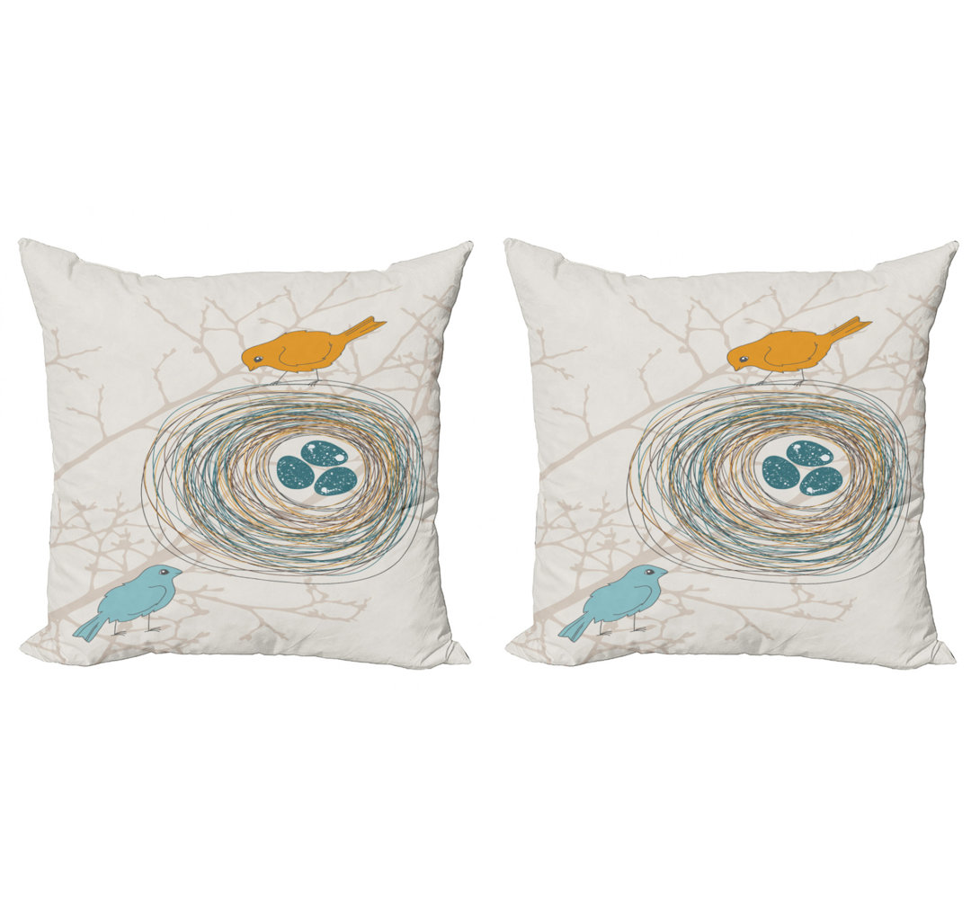 Ambesonne Birds Throw Pillow Cushion Cover Pack Of 2, Heart Warming Scene Of Parent Birds Watching The Eggs Over The Nest, Zippered Double-Side Digital Print Decor, 24", Earth Yellow Pale Blue (Set of 2) Ambesonne 