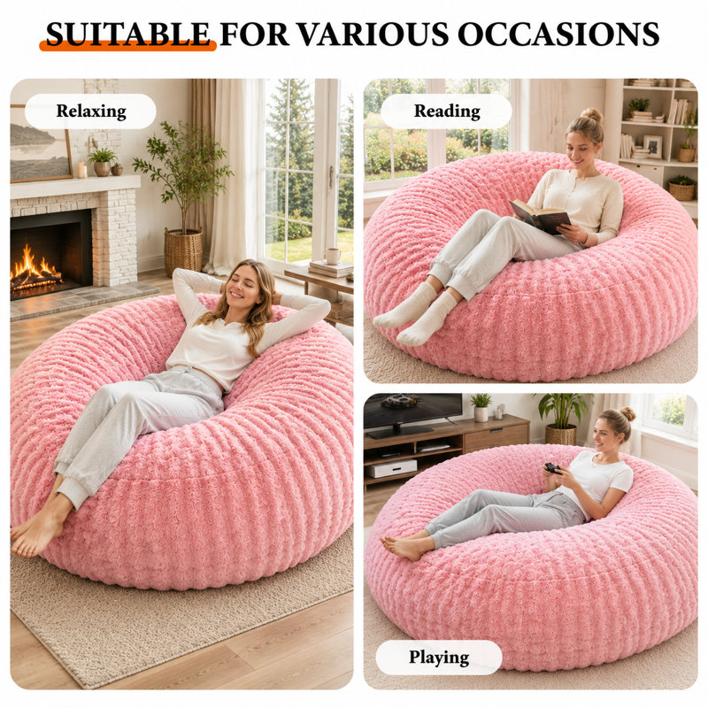 Fauteuil à billes 6 pi en fausse fourrure à bulles, très grand canapé rond en mousse à haute densité, Pink