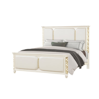 Cinderella Traditional Style Queen Size Upholstered Bed with LED and Gold Accents – Beige