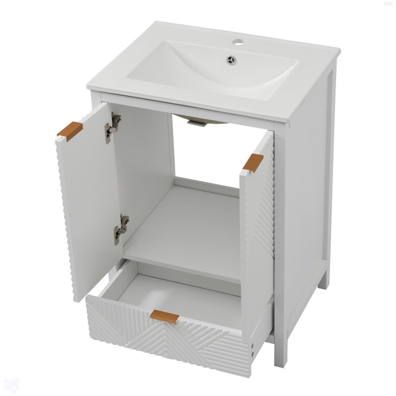24 Inches Bathroom Vanity With Sink Combo, Modern Bathroom Vanity With Single Faucet Hole, Textured Door Panels And A Drawer, Pine Legs, Large Storage Space & Soft Close Hinges