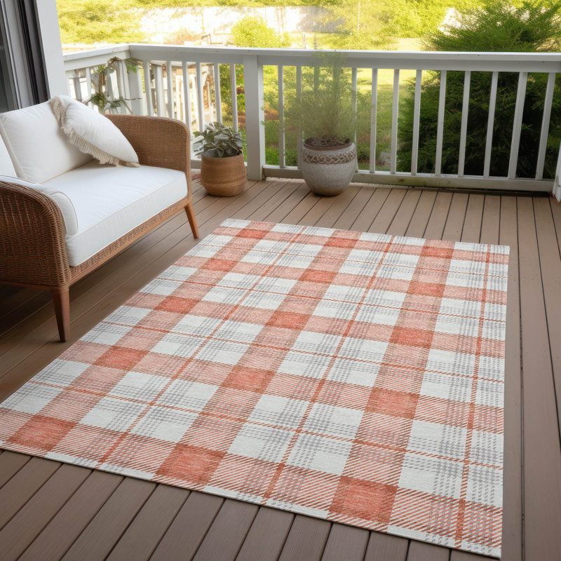 Coral and White Plaid Washable Synthetic Rug 2'6" x 3'10"